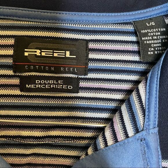 Cotton Reel Blue-White Striped Double Mercerized Cotton Polo Size Large - Picture 3 of 5